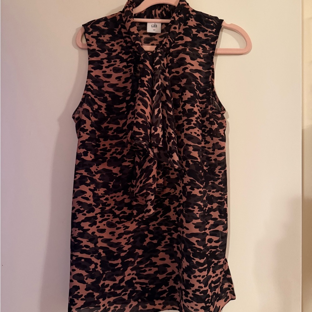 CAbi Sleeveless Tie-Neck Blouse - Black & Brown Leopard Print